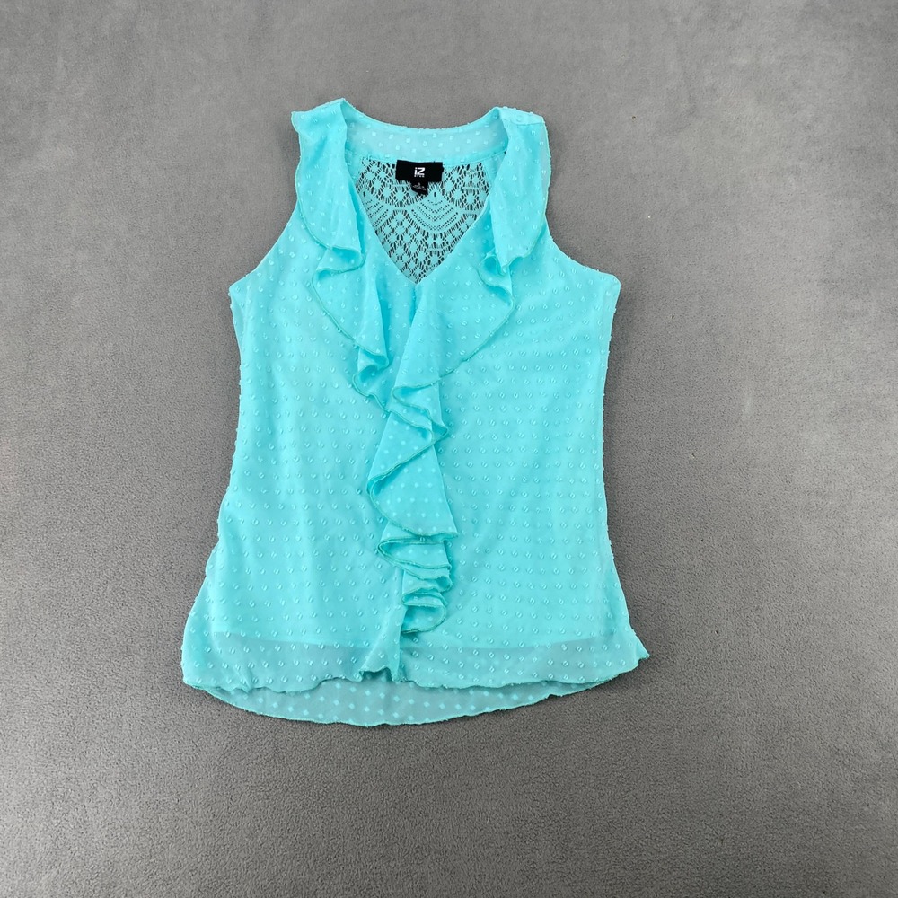 IZ Byer Aqua Blue Swiss Dot Ruffle Front Crochet Lace Back Sleeveless Blouse S